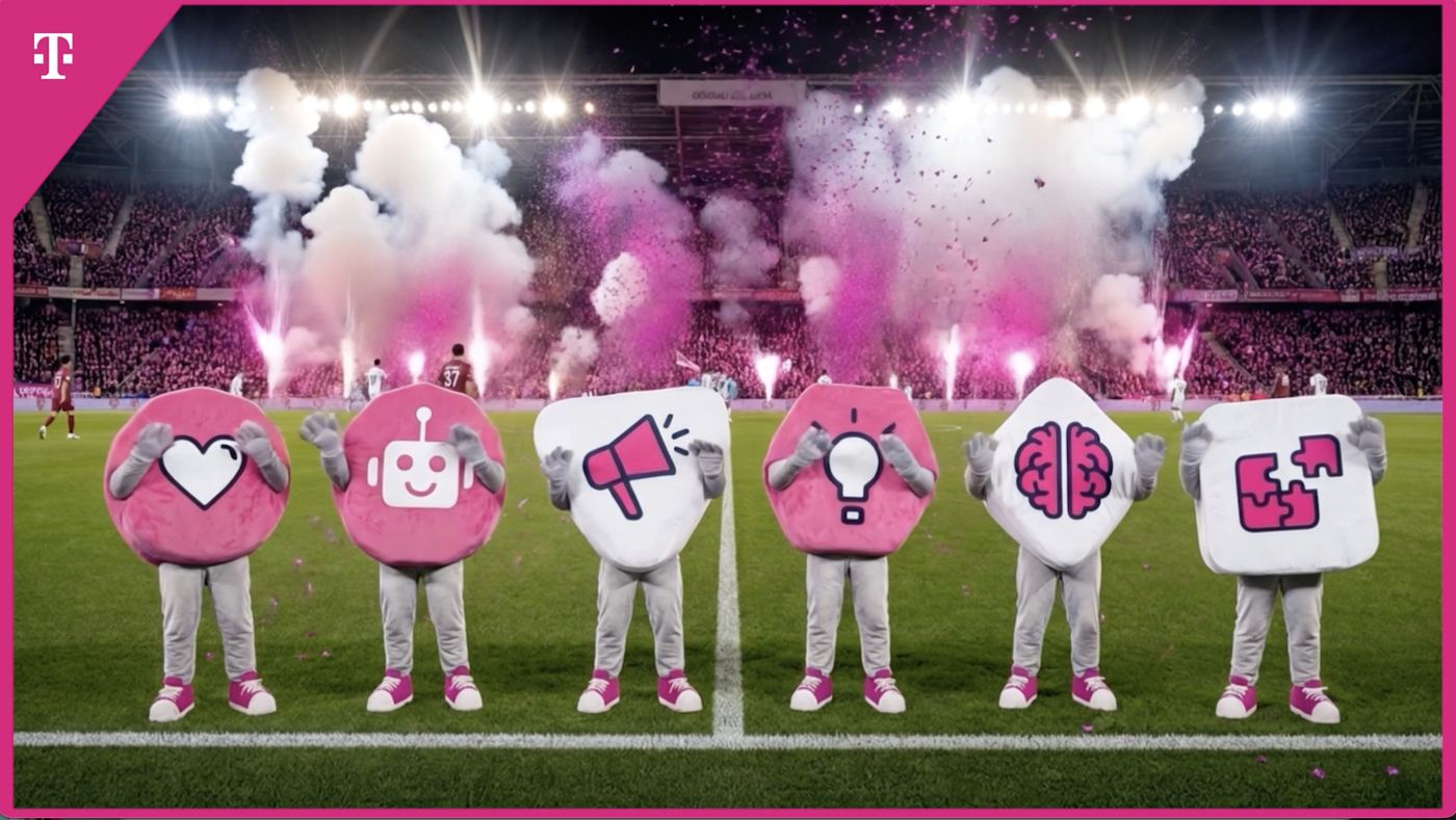 Maskottchen mit Icons für die 6 Future Skills der Deutschen Telekom im Stadion